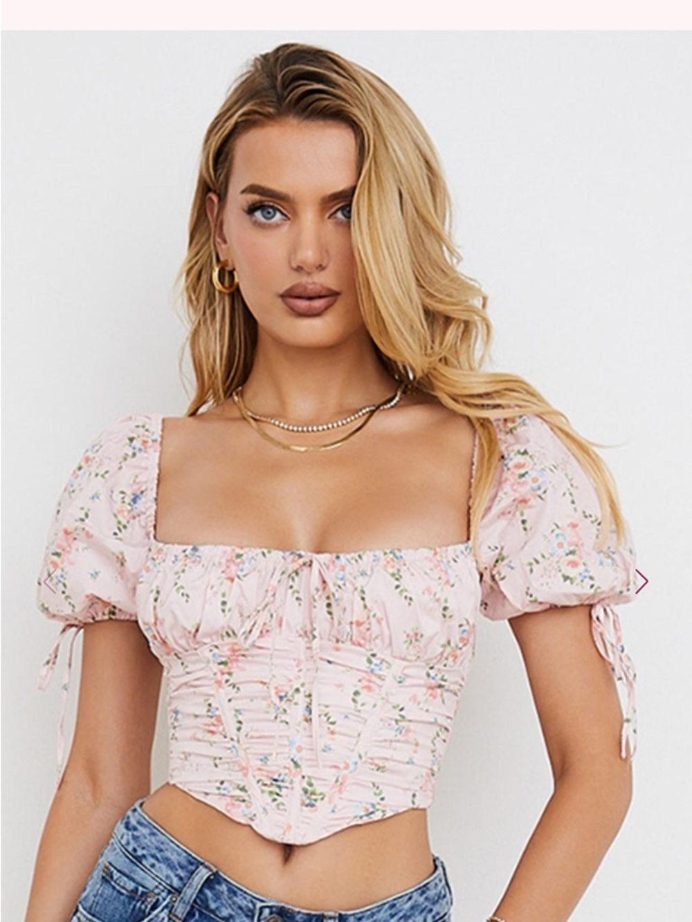 House of CB Pink Floral Square-Neck Puff Sleeve Crop Top